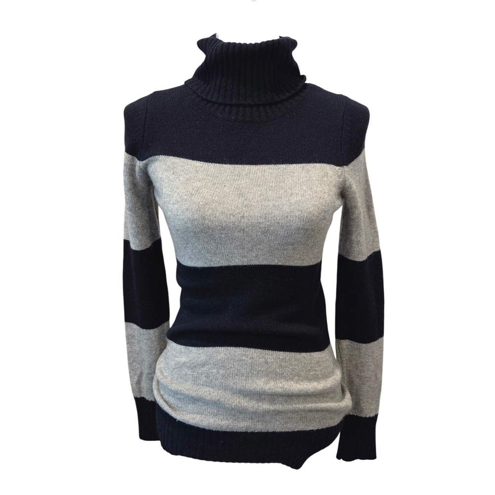 Theory Brent 100% Cashmere Striped Turtleneck Sweater Navy Grey Preppy Size S/P